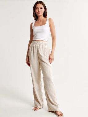 Abercrombie & Fitch Natural Beige Wide-Leg Linen-Blend Pants